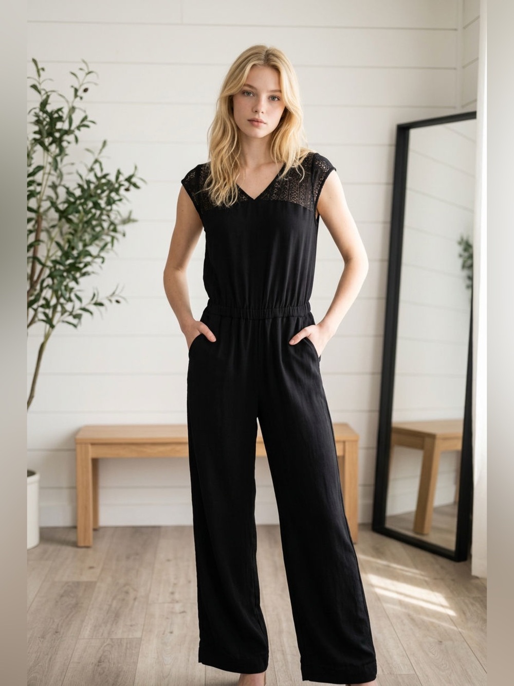 Wildfox Black Lace Yoke Jumpsuit with Wide Legs